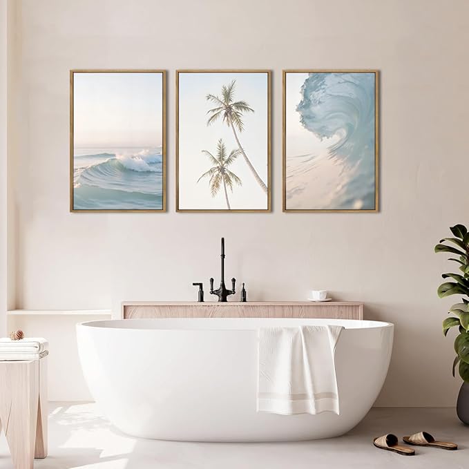 ANHUIB Large Seascape Wall Art Ocean Waves Paintings Coconunt Tree Wall Decor Coastal Art Print 16x24 Inch Set of 3 for Living Room Bedroom Office