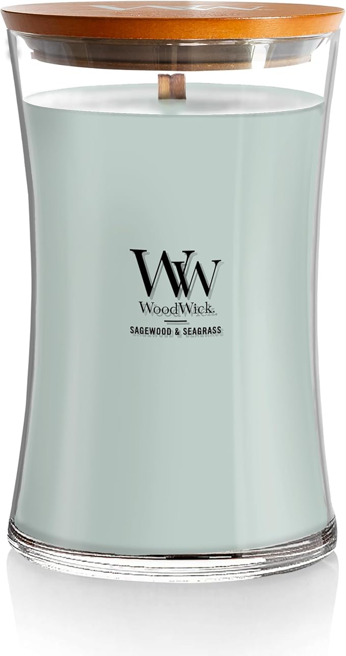 WoodWick Large Hourglass Candle Sagewood/Seagrass - Premium Soy Blend Wax Pluswick Innovation Wood Wick Made in USA
