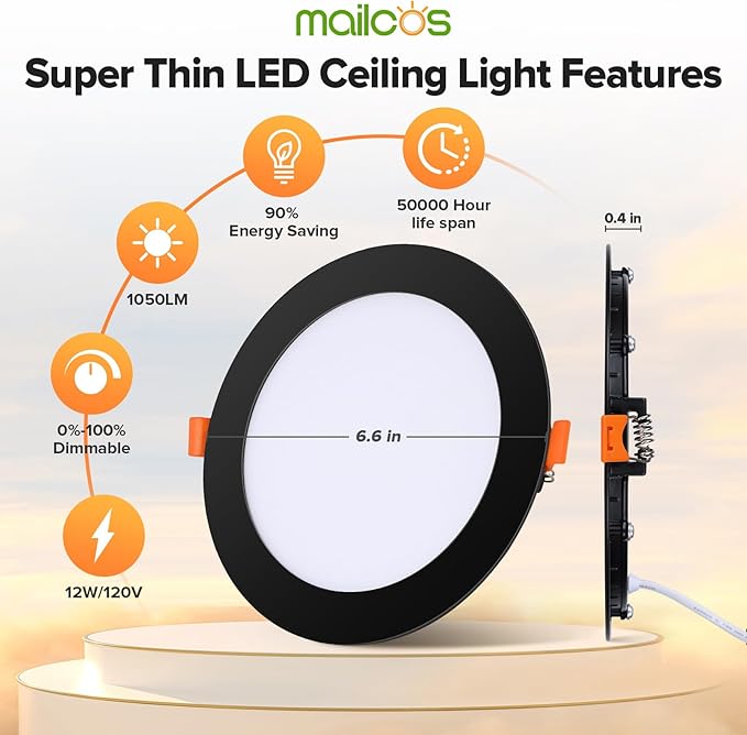 MAILCOS 12 Pack 6 Inch 5CCT Black Ultra-Thin LED Recessed Lighting with Junction Box, 2700K-5000K Selectable, 1050LM High Brightness, Dimmable Canless Wafer Downlight, 12W 120V, ETL