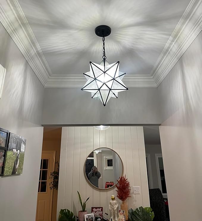 Modern Moravian Star Pendant Light Seeded Large Glass Hanging Lights with Adjustable Chain, 16'' Diameter Shade Lighting for Kitchen Porch Dining Foyer Bedroom