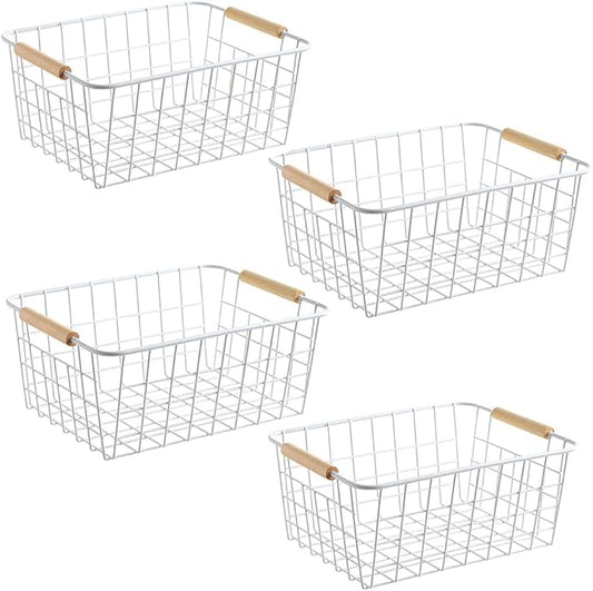 LeleCAT White Wire Baskets for Organizing with Handles，Pantry Organizers and Storage For Kitchen, Household Snack Basket for Cabinets, Closets, Bedrooms,food - Set of 4(White)