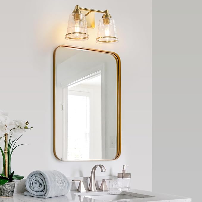 Gold Bathroom Vanity Light Fixture, 2 Light Bathroom Light Fixtures Over Mirror with Clear Glass Shade and Metal Base Wall Sconce,13.4 inch Modern Vanity Light for Bathroom (Exclude E26 Bulb)