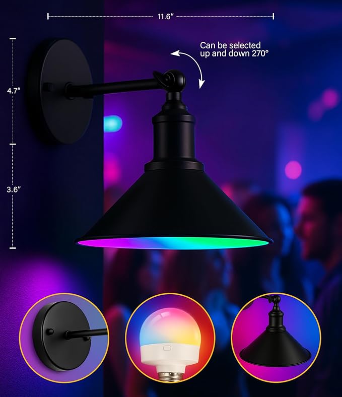 Rechargeable Battery Operated Wall Sconces Set of 2, RGB 15 Color Dimmable Wireless LED Wall Sconce, Includes Bulb and Remote Control, Suitable for Bedroom, Farmhouse, Gallery.