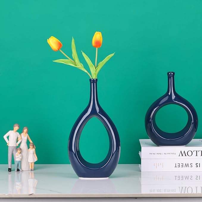 Navy Blue Vase Ceramic Blue Vases Home Decor,Modern Minimalist Circle with Hole Decorative Vase, Hollow Ellipse Flower vases for Bookshelf, Fireplace Mantle, Centerpieces,Farmhouse,Rustic Décor
