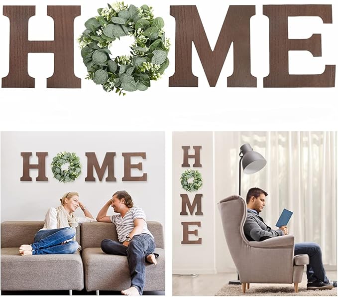 Wooden Home Sign Wall Hanging Decor - Wood Home Letters for Wall Art with Artificial Eucalyptus Wreath Rustic Home Decor Farmhouse, Wall Decor for Living Room Kitchen Housewarming Gift (Brown)