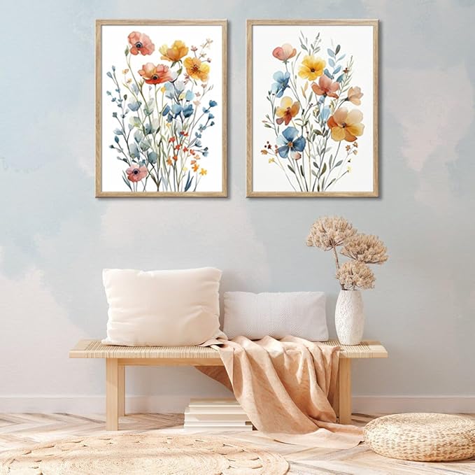 Framed Colorful Flowers Canvas Wall Art for Bathroom Decor, Blue Floral Print, Yellow Orange Flowers Artwork Pictures Poster for Bedroom Living Room Office Decoration 12"x16"x2 Panels