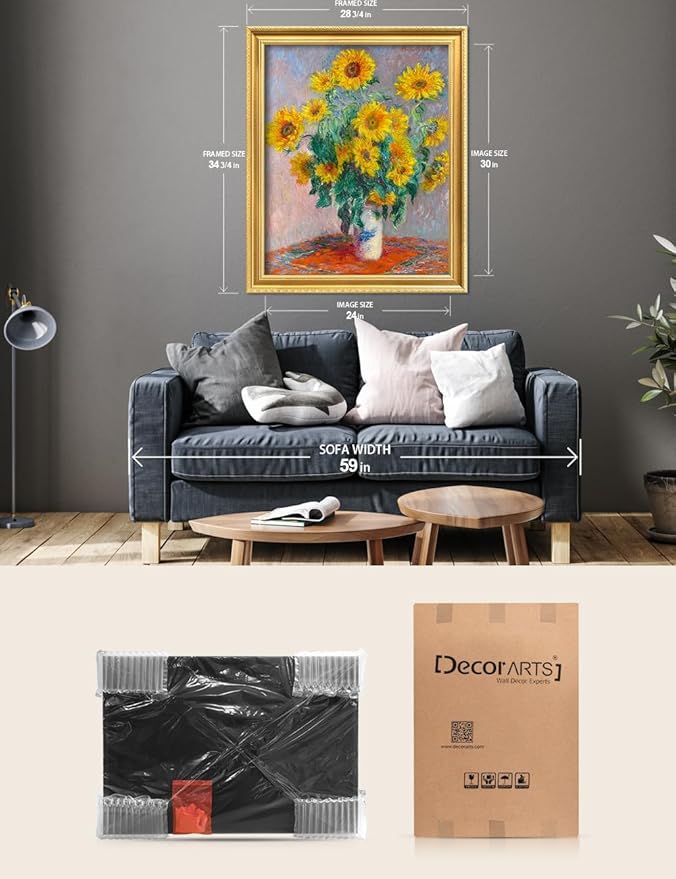 DECORARTS - Claude Monet Sunflowers Giclee Print with Gold Solid Wood Frame, Impressionist Large Framed Wall Art, Ready to Hang, Framed Size 28.75x34.75, Made in USA