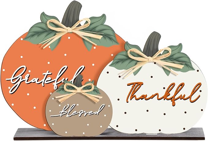 Soaoo Fall Pumpkin Table Decorations Wooden Thankful Blessed Centerpiece Autumn Grateful Tabletop Decor Farmhouse Harvest Pumpkin Block Signs for Party Rustic Table Shelf Decor Home(Vintage)