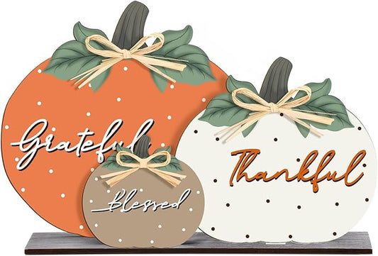 Soaoo Fall Pumpkin Table Decorations Wooden Thankful Blessed Centerpiece Autumn Grateful Tabletop Decor Farmhouse Harvest Pumpkin Block Signs for Party Rustic Table Shelf Decor Home(Vintage)