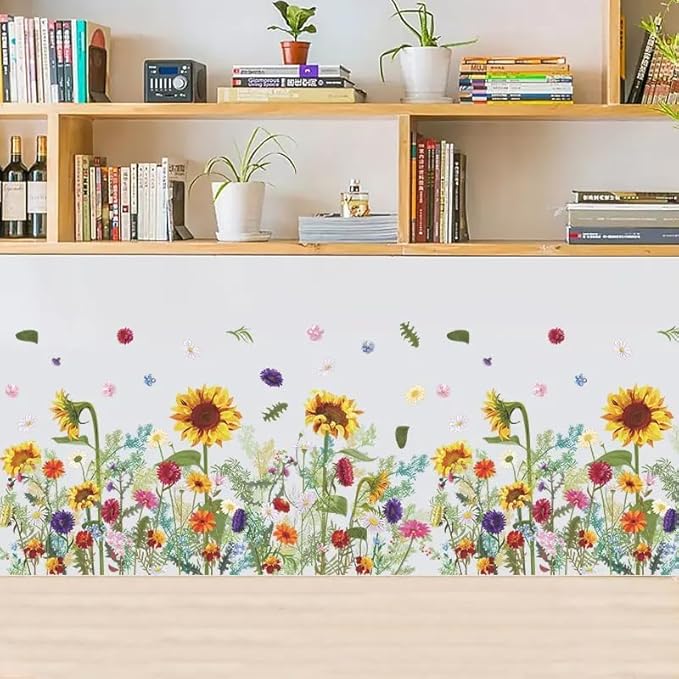 12x36 Inch Set - Floral Wall Decals for Decor, Watercolour Weeds Wildflower Wall Stickers Decals, Colorful Flower Floral Wallpaper Mural for Nursery Kitchen Home (Floral Design #8)