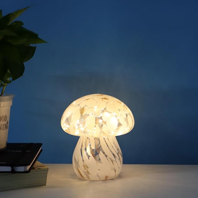 Small Glass Mushroom Table Lamp Night Light Bedside Desk Lamp for Bedroom Nightstand Light-White