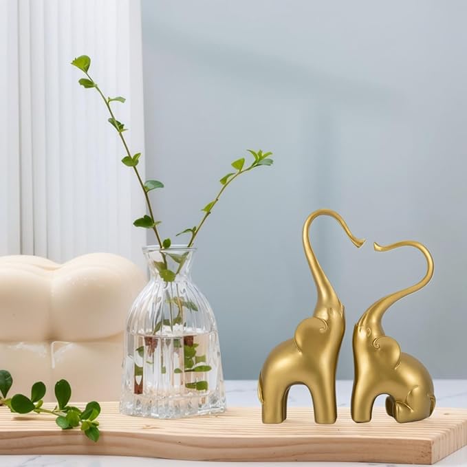 Loving Elephant Statues Home Decor, Small Elephant Figurines in Love for Women, Elephant Sculpture Heart Decorative Objects for Bookshelf Decor (Gold)