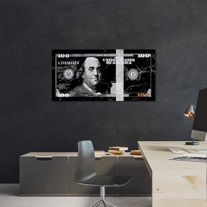 Modern Home Office Artwork Motivational Framed Benjamin Franklin 100 USD Dollar Artwork Black and White Nordic Western Paintings for Living Room Bedroom Wall Decor Wooden Framed Easy to Hang-40"Wx20"H