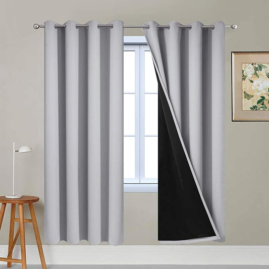 Yakamok Full Blackout Curtains 72 Inches Long,Blackout Curtain Panels for Bedroom, 2 Thick Layers Grommet Top Thermal Insulated Drapes with Black Liner for Living Room(Light Grey, Set of 2)