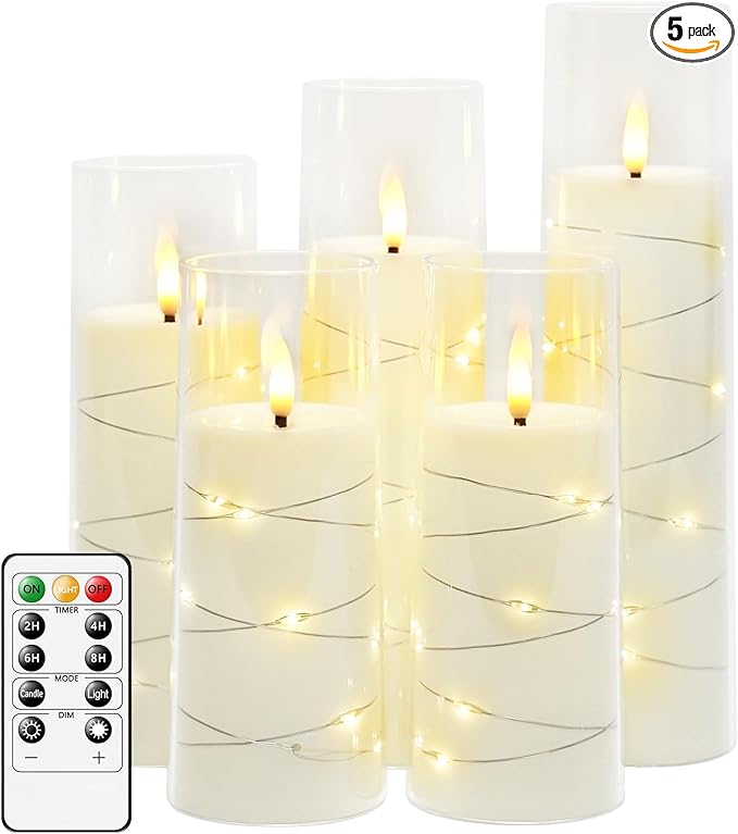 Flameless LED Candles with Timer 5 Pc Flickering Flameless Candles for Romantic Ambiance and Home Decoration Stable Acrylic Shell,with Embedded Star String，Battery Operated Candles（White）