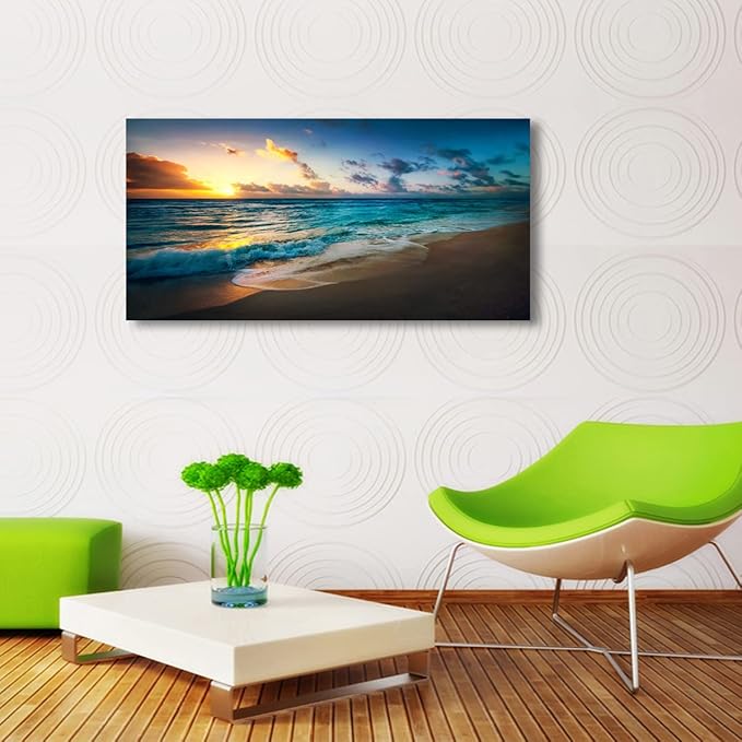 Beach Pictures Wall Art Canvas Prints Seascape Themed Decor for Home Sea Ocean Sunset Paintings for Living Room Bathroom Wall Decorations Natural Landscape Artwork Wooden Picture Frames Hanging Easy