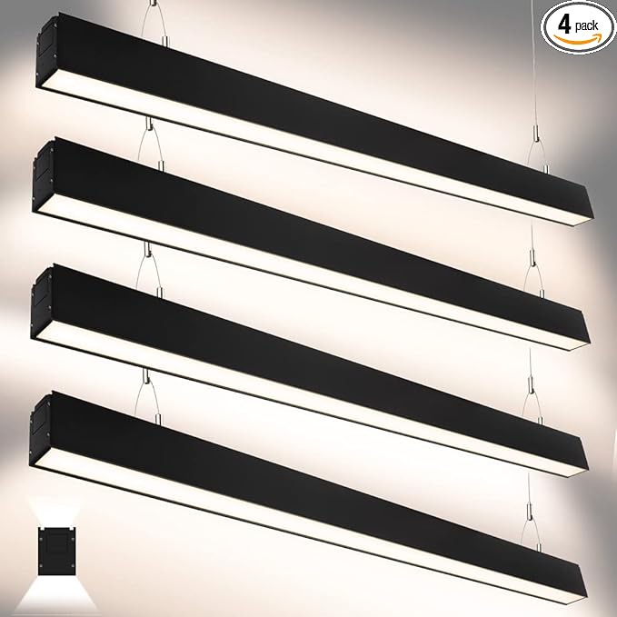 DAKASON 4FT LED Linear Lights 35W Down 15W Up Light, 4 Feet Commercial Shop Lighting for Office, 3/4/5000K Selectable, Dimmable Suspended 4’ Architectural Fixture for Gym, Retail, 4 Pack Black