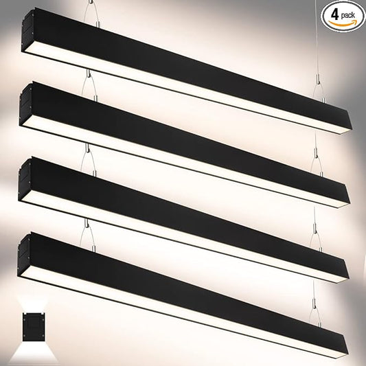 DAKASON 4FT LED Linear Lights 35W Down 15W Up Light, 4 Feet Commercial Shop Lighting for Office, 3/4/5000K Selectable, Dimmable Suspended 4’ Architectural Fixture for Gym, Retail, 4 Pack Black