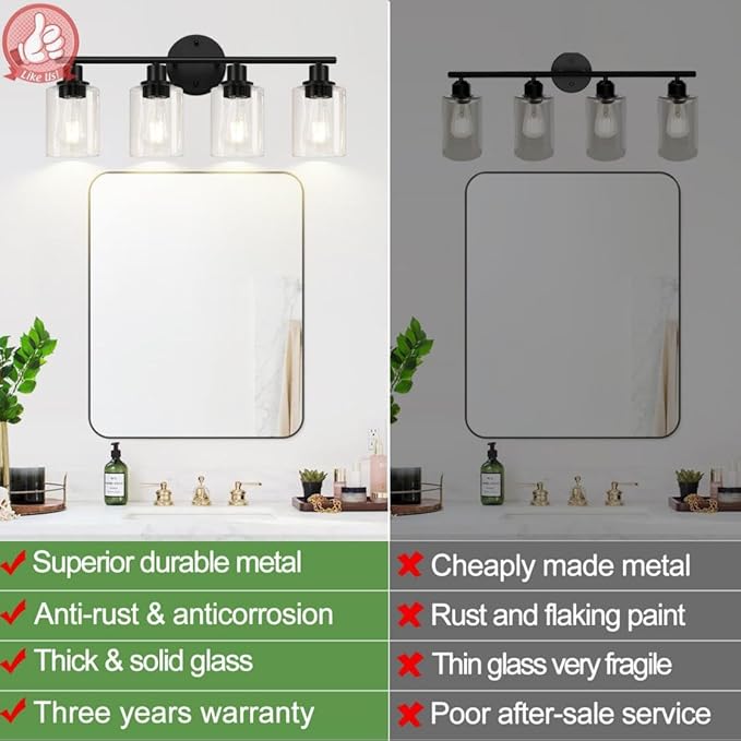 4-Light Bathroom Light Fixtures, Matte Black Modern Vanity Lights Over Mirror with Clear Glass Shade, Bathroom Wall Lamp for Mirror Kitchen Living Room Hallway Cabinet Porch Bedroom Reading room