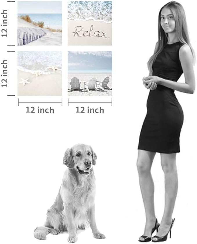 Coastal Artwork Beach Wall Art: Starfish & Chairs on Sand Painting with Word Picture on Canvas for Living Room (12” x 12'' x 4 Panels)