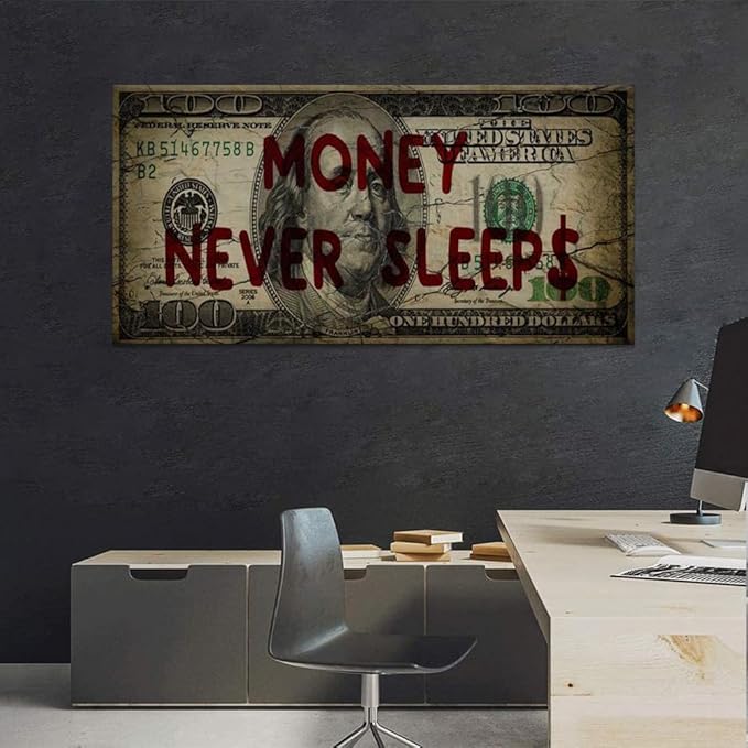 Canvas Money Wall Art Money Never Sleeps Inspirational Dollar Artwork Poster Canvas Painting Framed Ready to Hang-48x24 inches