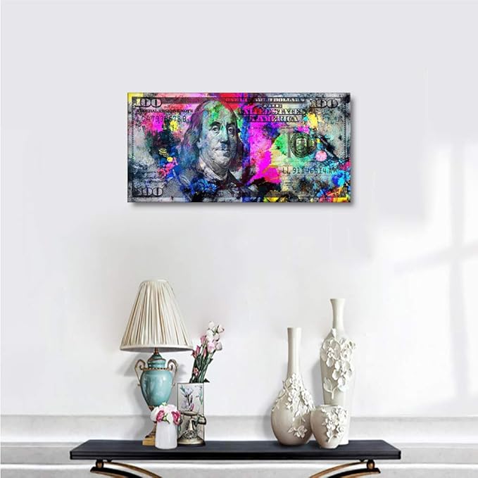 Colorful 100 Dollars Bill Wall Art Giclee Canvas Print Office Decor Money Pop Art Entrepreneur Motivational 100 Bill Cash Benjamin Franklin Dollar Print Art for Study Room Gym Coffee Shop-32"Wx16"H