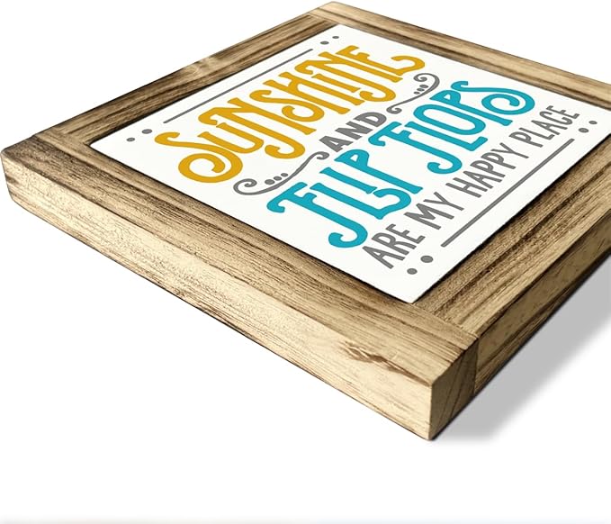 Summer Wood Signs, Farmhouse Wooden Box Desk Sign Decor, Summer Vacation Decors, Beach Decorations for Home, Beach House Decor, Sunshine and Flip Flops are My Happy Place Sign 5.9×5.9inches