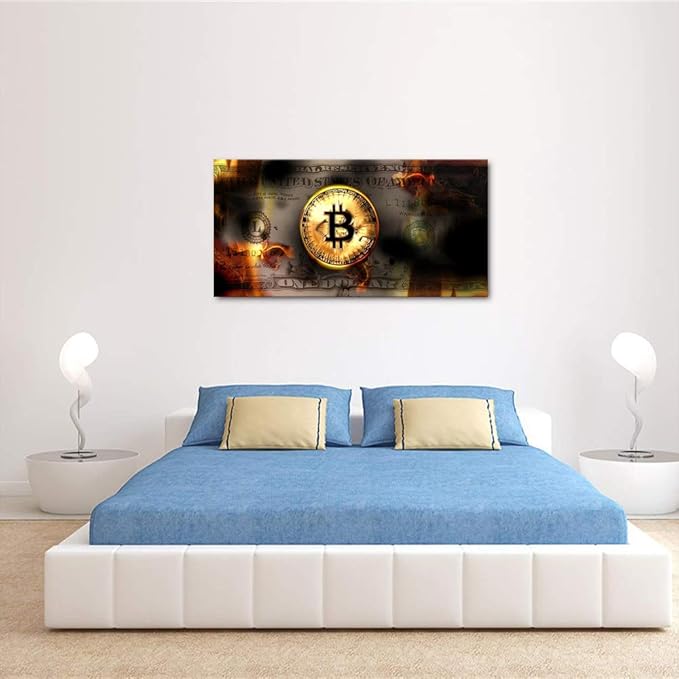 Office Artwork Wall Decor Motivational Burning Bitcoin and Dollars Creative Artwork Office Modern Home Wall Art Work Positive Money Canvas Wall Pictures Posters for Study Room Gym Framed-40"Wx20"H