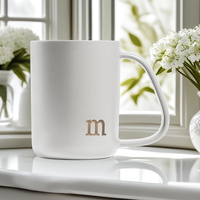 COLLECTIVE HOME - Ergonomic Handle Ceramic Mug, 15 oz Personalized Coffee Cup with Golden Initial, Microwave & Dishwasher Safe, Elegant Monogram Tea Mug in Gift Box for Home & Office (White-m)