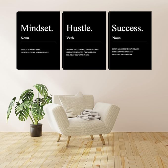 Motivational Wall Decor Black Mindset Canvas Wall Art Hustle Posters Prints Inspirational Entrepreneur Quote Office Decor Success Paintings Home Bedroom Living Room Framed Decorations (60" Wx28 H)