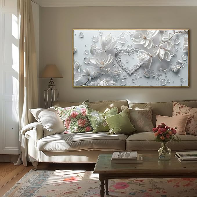 Wall Art Modern Flowers Artwork Love Heart Wall Decor White Canvas Prints for Living Room Bedroom Dining Room Home Office Decor Large Framed Ready to Hang 20"x40"