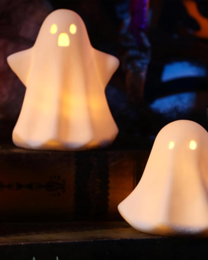 Ceramic Ghosts Small White Ghost Figurine, 3PCS Light Up Ghost Decor, Small LED Ghost Halloween Decor Spooky Sculptures for Indoor Halloween Party Tabletop Home Shelf Decoration