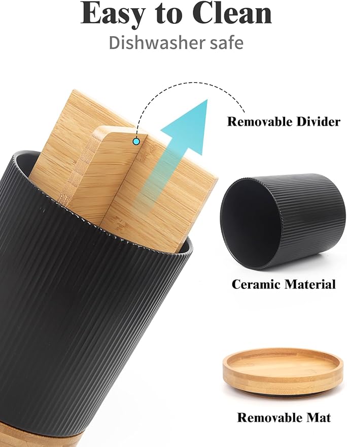 LoeJan 3 Compartment Utensil Holder, Extra Large Utensil Crock, Stable Ceramic Utensil Organizer, Cooking Tool Organizer Set for Kitchen Counter Farmhouse Decor (B-Black(Vertical Stripe))