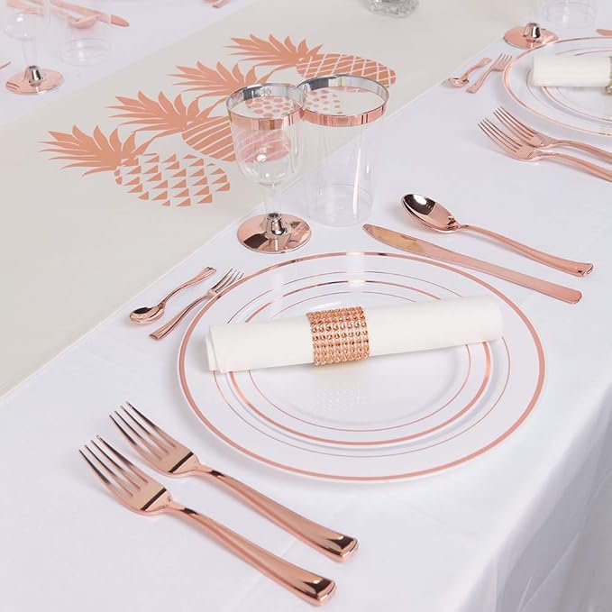 WDF-125PCS Rose Gold Plastic Silverware&Disposable Plastic Plates - Disposable Plates include 25 Dinner Plate,25 Salad Plate,25 Forks, 25 Knives, 25 Spoons for Wedding, Party