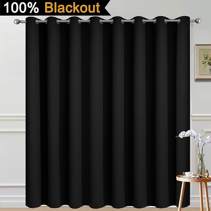 Yakamok 100% Blackout Sliding Door Curtains, Thermal Insulated Grommet Full Light Shading Sliding Door Drape Room Divider Curtain for Living Room/Space, Black, W100 x L84, 1 Panel