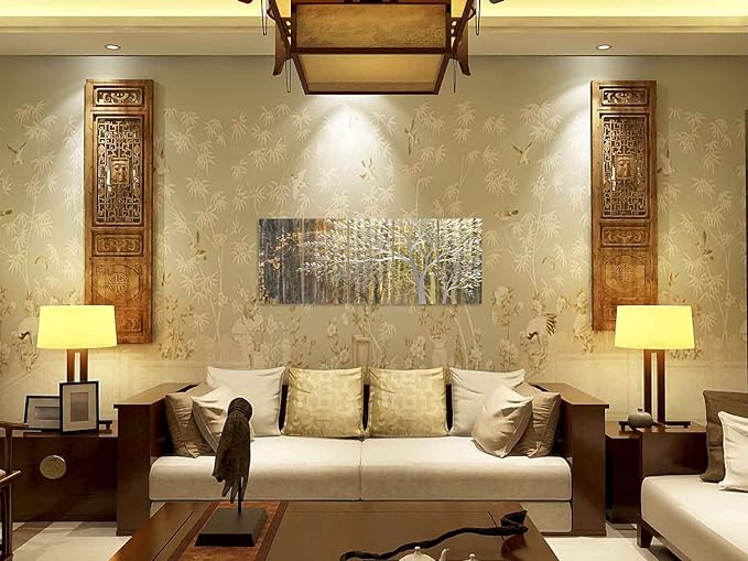 Yihui Arts Gold Metal Wall Art Handcrafted Tree on Aluminum Artwork Modern Forest Pictures with 3D for Living Room Bedroom Kitchen Decor