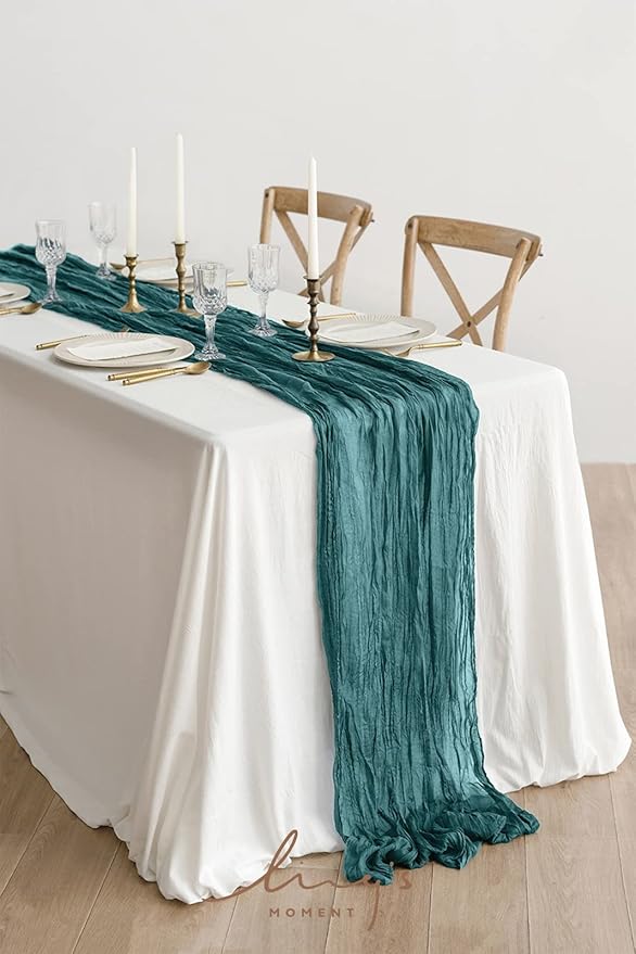 Ling's Moment 14Ft Gauze Teal Blue Table Runner Cheesecloth Tablecloth for Wedding Party Bridal Shower Boho Table Decor, Semi-Sheer