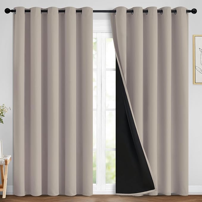 Yakamok 100% Blackout Curtains 84 Inches Long, 2 Thick Layers Heat and Full Light Blocking Soft Thermal Insulated Drapes for Bedroom(70" Wide Each Panel, Natural, 2 Panels)