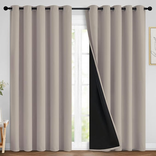 Yakamok 100% Blackout Curtains 84 Inches Long, 2 Thick Layers Heat and Full Light Blocking Soft Thermal Insulated Drapes for Bedroom(70" Wide Each Panel, Natural, 2 Panels)