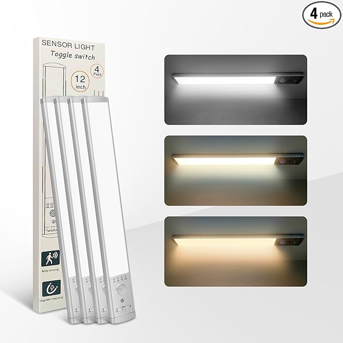 Under Cabinet Lighting, 6Pack Motion Sensor Light Indoor with 3 Color Temps, Rechargeable Under Counter Lights for Kitchen,Dimmable Closet Lights Battery Operated, 76 LED Motion Sensor Light Indoor