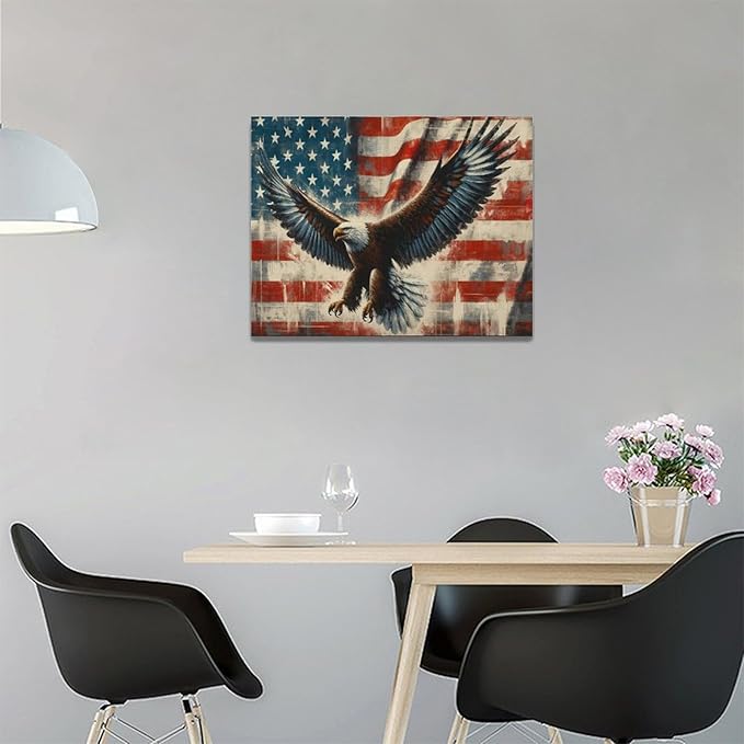 Large Bald Eagle Wall Art American Flag and Eagle Pictures Wall Decor Patriotic Motivational Bedroom Sign Canvas Painting Prints Modern Home Decoration Artworks Framed for Living Room Office 16"x12"