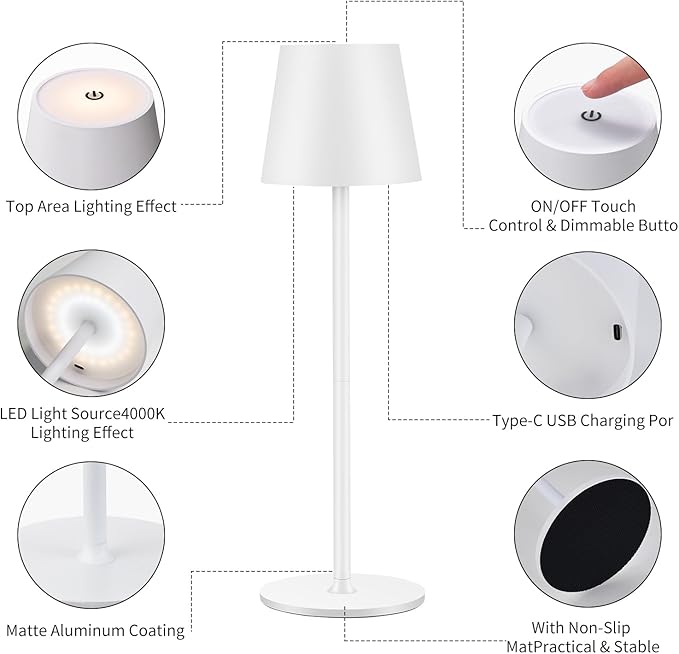 Cordless Table Lamps USB Rechargeable Simplicity Desk Lamp Built-in 4600 mAh Battery LED Battery Operated lamp with Touch Control Table lamp - Bedroom/Desk/Reading/Patio(White)