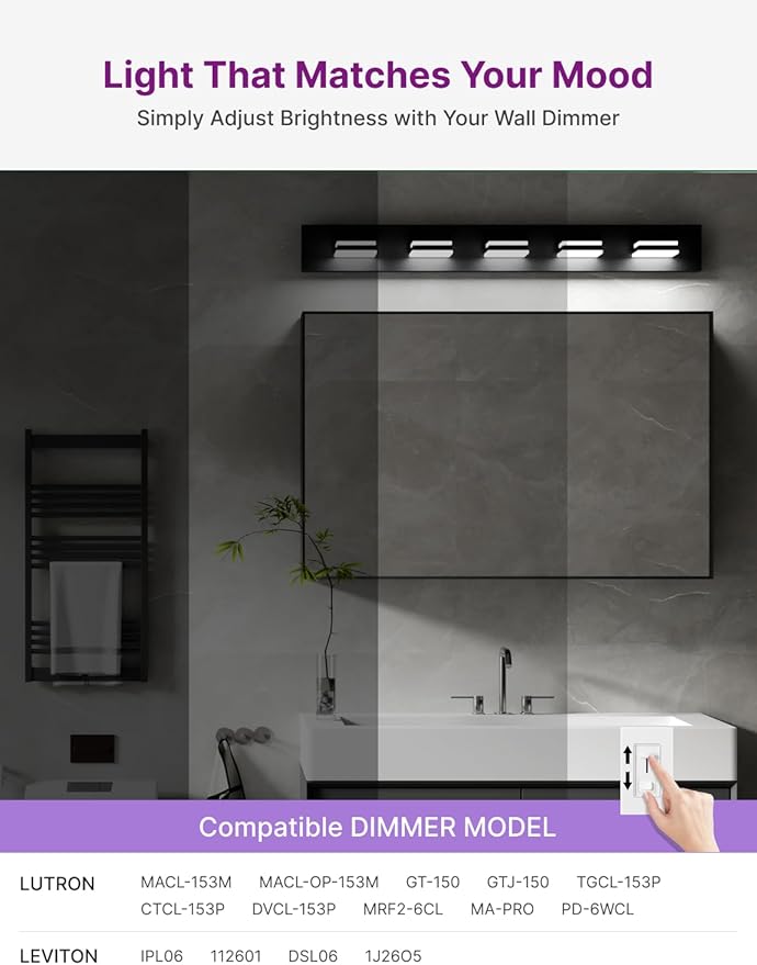 Modern Bathroom Light Fixture Over Mirror, 36" 5-Light Bathroom Vanity Light with Rotatable Heads, Dimmable 5000K Daylight, Hardwired, Energy-Efficient LED Vanity Lighting Fixture, Black