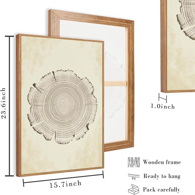 IARTTOP Large Framed Neutral Tree Ring Wall Art 16x24 Inch Set of 3 Modern Abstract Minimalist Wood Stump Wall Decor for Living Room Bedroom Office