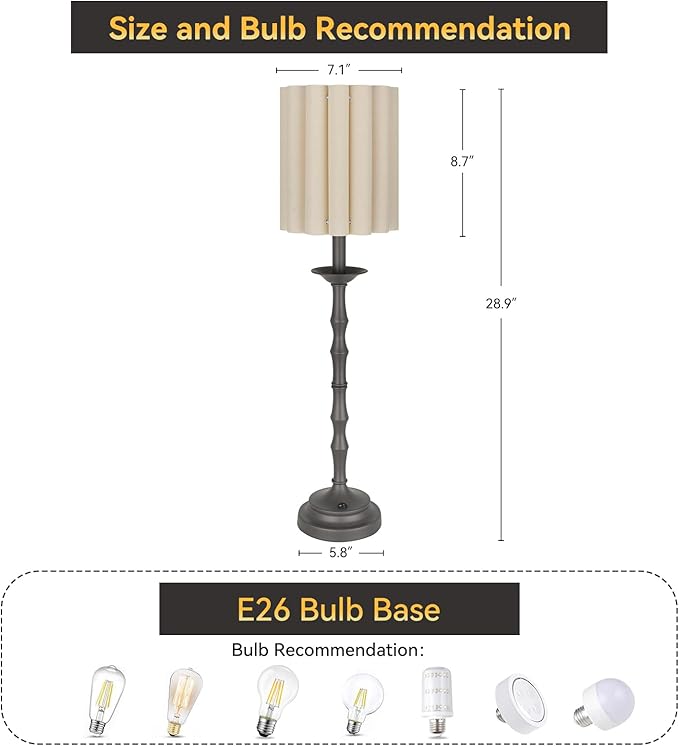 Vintage Brown 28.9’’ Scalloped Table Lamp, Rustic/Farmhouse Buffet Lamp, Scallop Lampshade and Bamboo Lamp Post, for Living Room Bedside Side Table