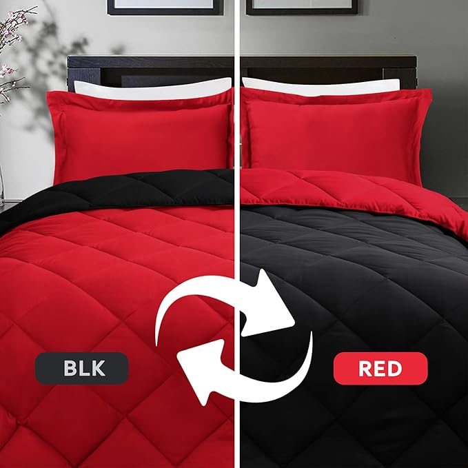 HIG 3pc Red King Size Comforter Set -All Season Reversible Down Alternative Comforter with Two Shams -Quilted Duvet Insert with Corner Tabs - Diamond Stitched Blanket - Breathable, Soft, Fluffy