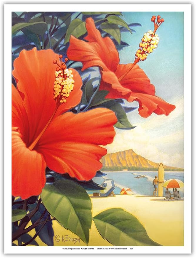 Hibiscus Beach Day - Waikiki Beach - Red Hibiscus - Vintage Hawaiian Travel Poster by Kerne Erickson - Master Art Print (Unframed) 9in x 12in