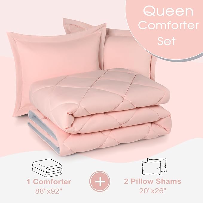 Basic Beyond Queen Comforter Set - Pink and Grey Comforter Set Queen, Reversible Bed Comforter Queen Set for All Seasons, Baby Pink/Grey, 1 Comforter (88"x92") and 2 Pillow Shams (20"x26"+2")