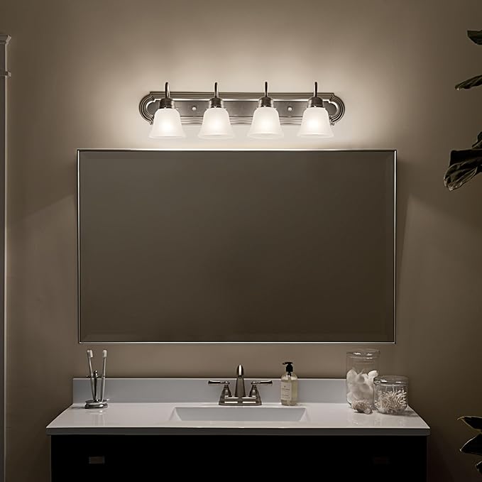 Kichler 30" 4-Light Vanity Bath Light in Brushed Nickel, Modern Bathroom Light with Clear Satin Etched Glass, (30" W x 8" H), 5338NIS