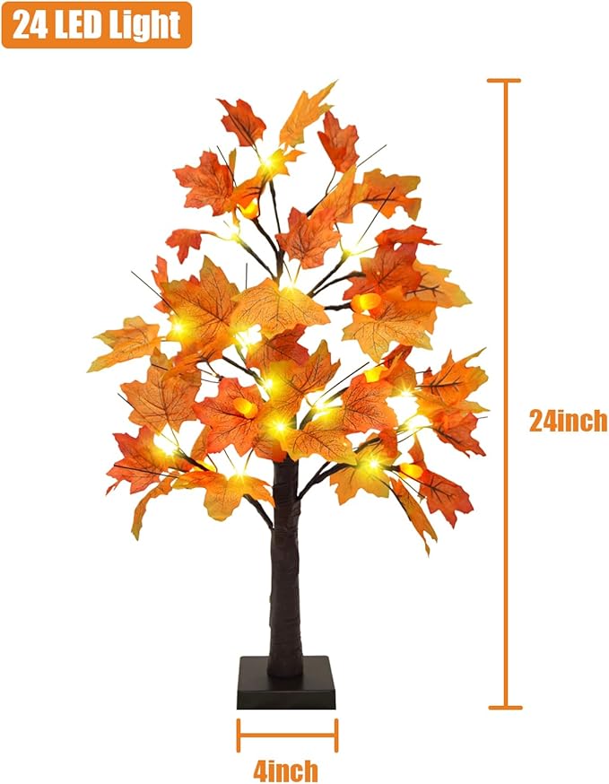 Uieke 24inch Lighted Artificial Fall Maple Tree Fall Decor 24 LED Tabletop Fall Tree with 6 Pne Cones Lights Battery Operated with Timer, Fall Decorations for Home Thanksgiving Autumn Harvest Decor
